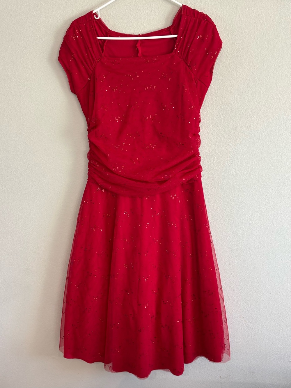Beautifully Modest Red Sequin Mesh Cocktail Dress Cap Sleeve Knee Length